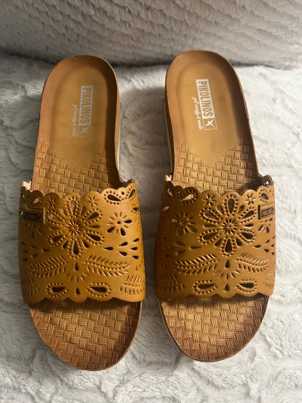 PIKOLINOS Tan Laser-Cut Slide Mules